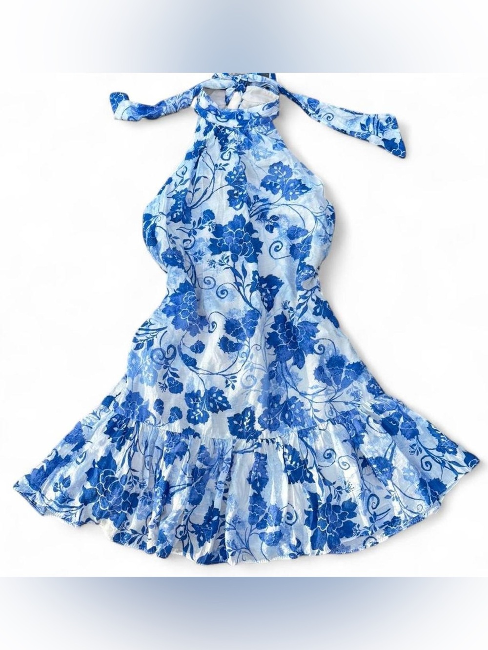 MSK Blue and White Floral Tie-Neck Dress